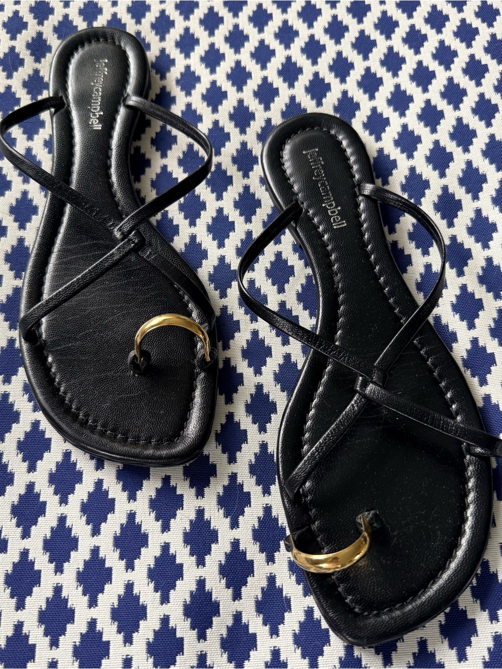 Jeffrey Campbell Black Leather Strappy Toe Ring Sandals Gold Hardware